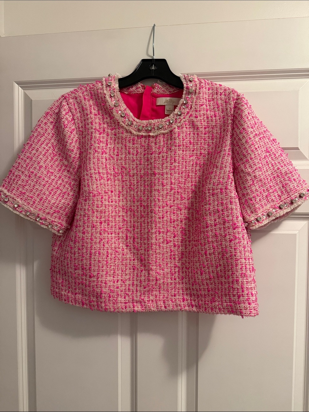 Lilly Pulitzer Pink Tweed Pearl-Trimmed Short Sleeve Top